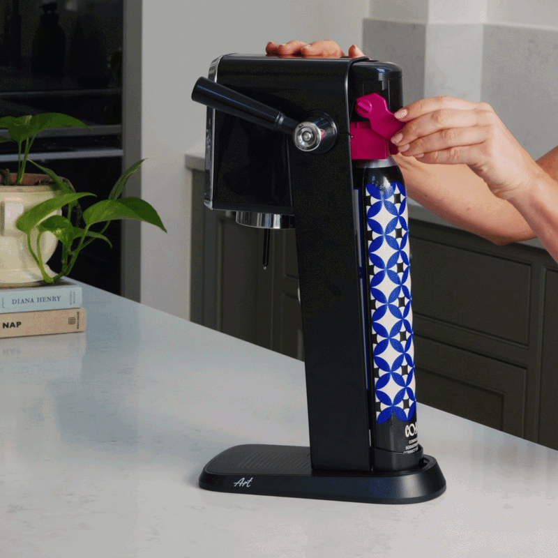 Set your machine upright on the counter, pull the lever to bubble up!